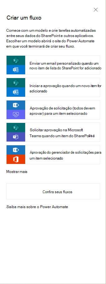 O painel lateral em uma lista do SharePoint Online para escolher um modelo de fluxo do Power Automate a ser iniciado, ao criar um novo fluxo. Há muitos modelos disponíveis, incluindo o modelo de fluxo