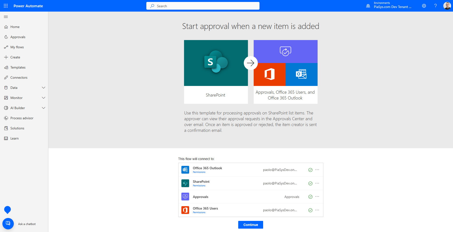 A página da Web mostrando as dependências e conexões para o fluxo do Power Automate que você vai criar. Inclui os serviços envolvidos, como SharePoint Online, Microsoft 365 Outlook, Aprovações do Microsoft Teams e usuários do Microsoft 365 e as conexões com esses serviços.