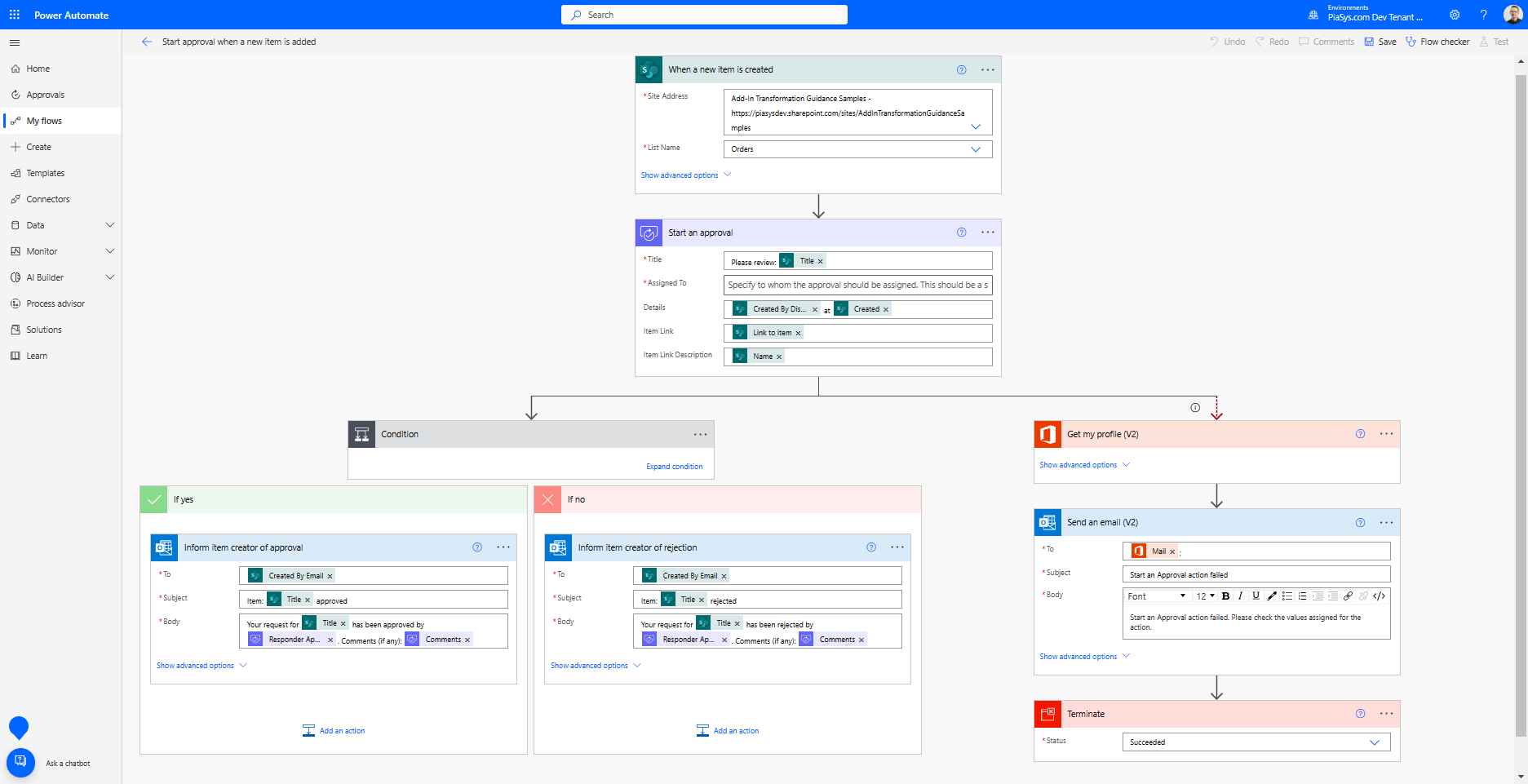 O designer de fluxo do Microsoft Power Automate hospedado no navegador. Há o design do fluxo com o modelo pré-definido para uma aprovação de item do SharePoint.