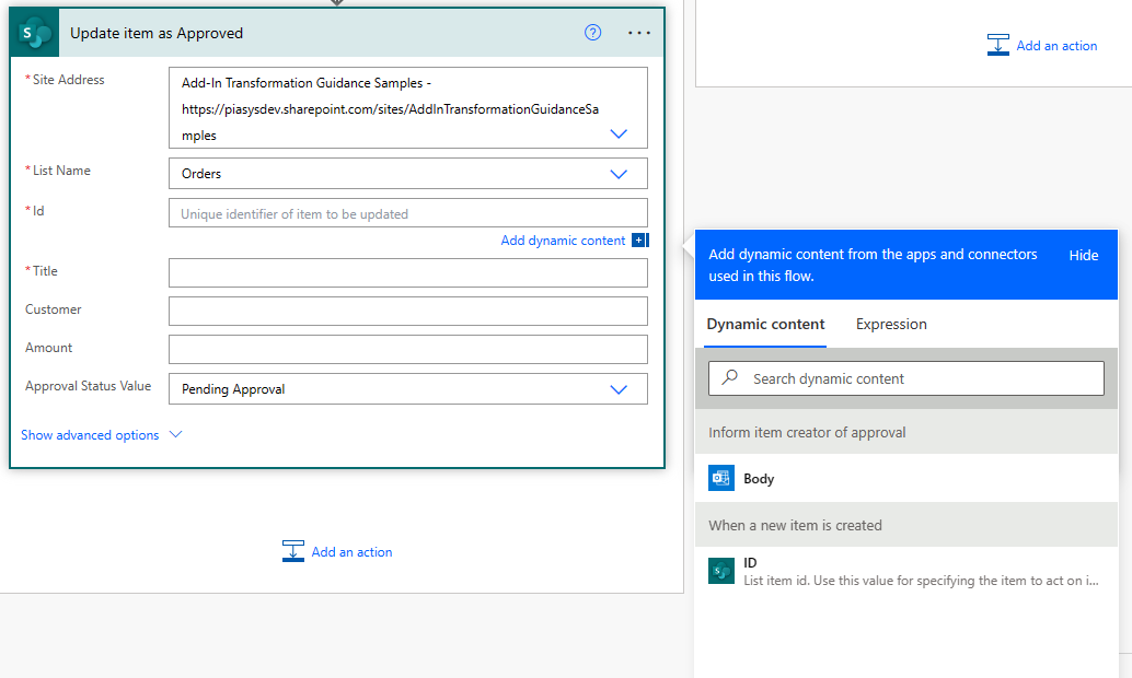 O designer do Microsoft Power Automate para selecionar um valor no contexto de fluxo ou para definir uma expressão dinâmica. Há campos pré-definidos como, por exemplo, a ID do item que acionou a instância de fluxo.