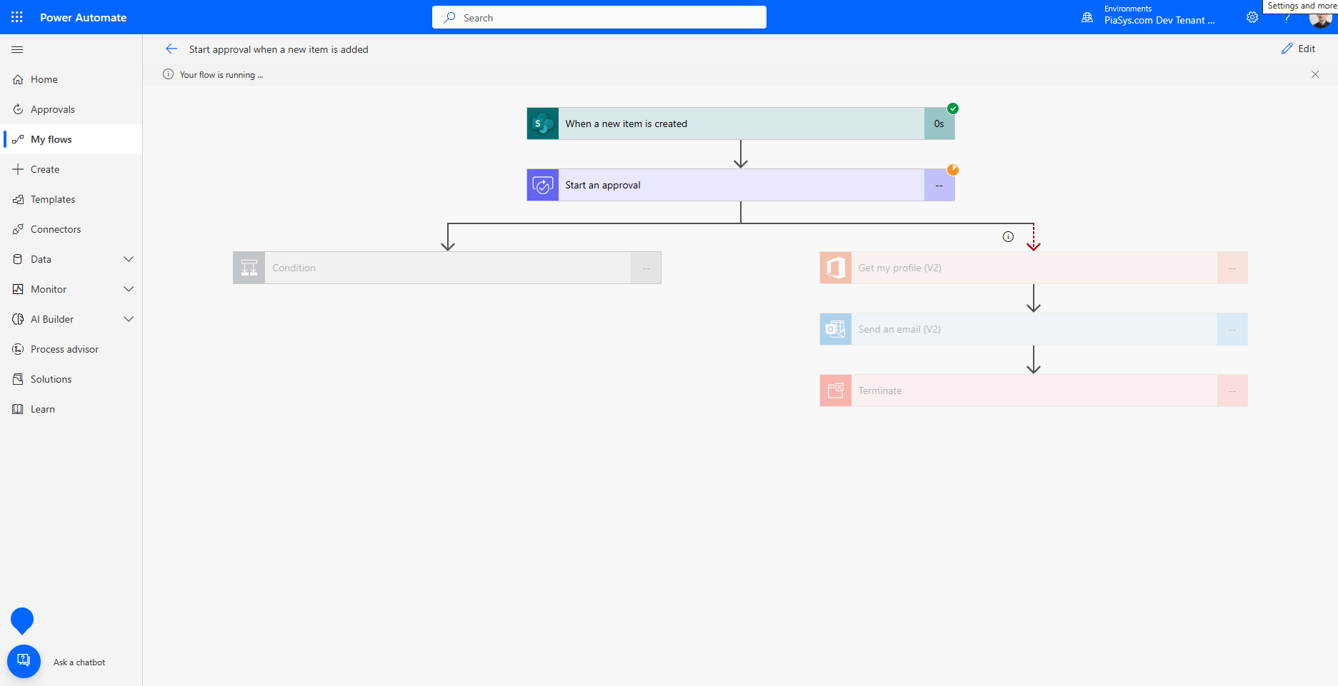 A ferramenta Microsoft Power Automate para acompanhar o processo de execução de um fluxo. Há o fluxo de aprovação que aguarda a aprovação real.