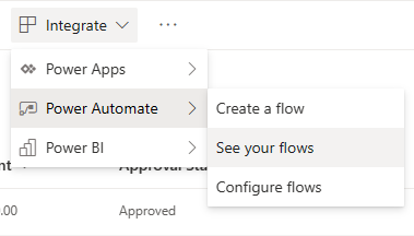 O comando disponível no SharePoint Online para acessar o Power Automate dashboard. Há um comando