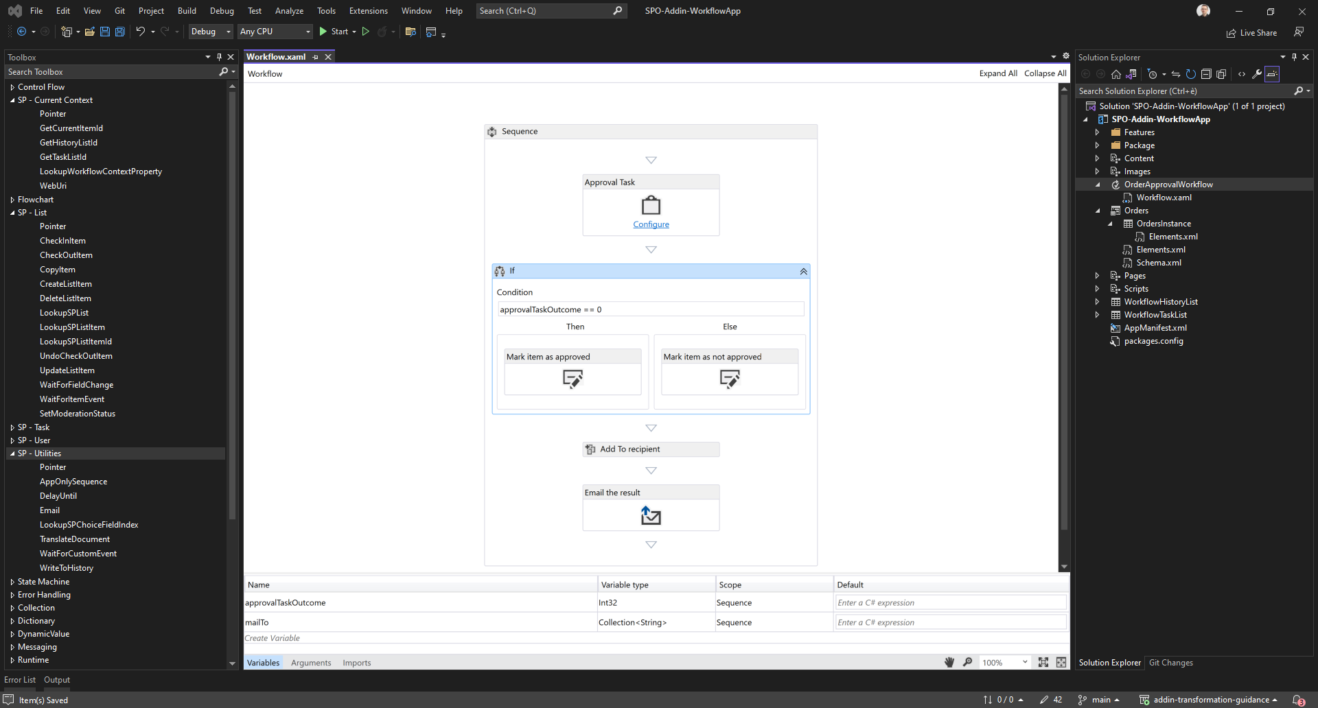 O designer do Visual Studio para um fluxo de trabalho sequencial. Há uma tarefa de aprovação inicial, seguida por um branch if para avaliar o resultado da tarefa de aprovação. Com base no resultado, o fluxo de trabalho atualiza o status de aprovação do item de destino e envia um email informativo.