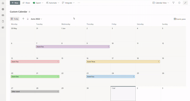 Resultado da formatação do calendário de lista do SharePoint