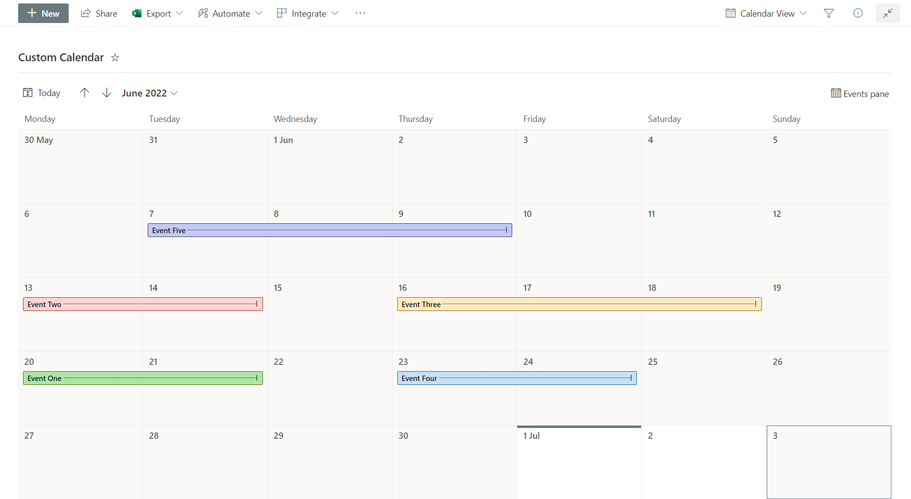 Formatar modo de exibição Calendário para personalizar o SharePoint