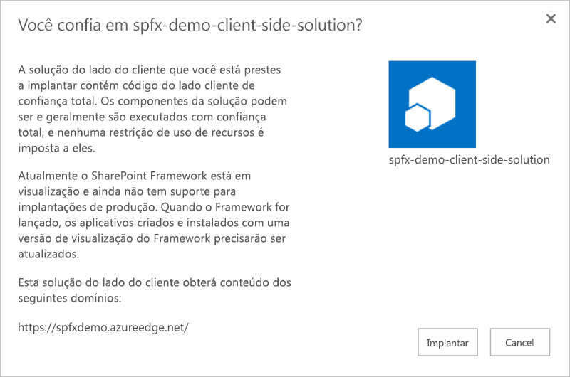 Caixa de diálogo de confiança de catálogo de aplicativos da Estrutura do SharePoint