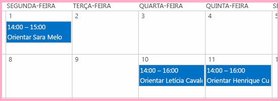 Calendário de Orientação de Funcionários com novos eventos adicionados para a orientação de dois funcionários, nos dias 10 e 11 do mês