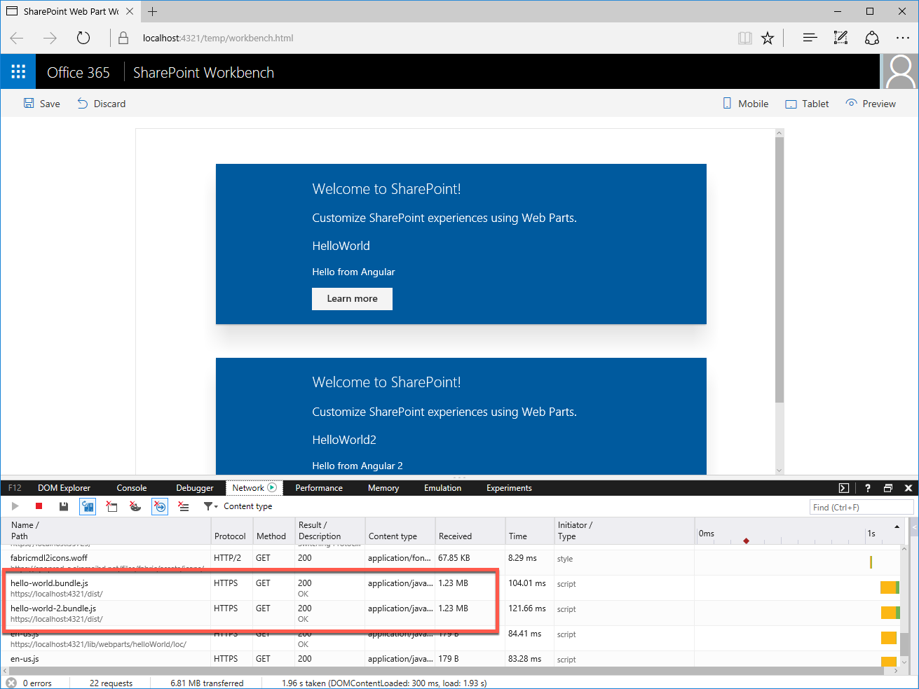 Ferramentas de desenvolvimento do Microsoft Edge mostrando na guia Rede dois pacotes de web parts que estão sendo carregados
