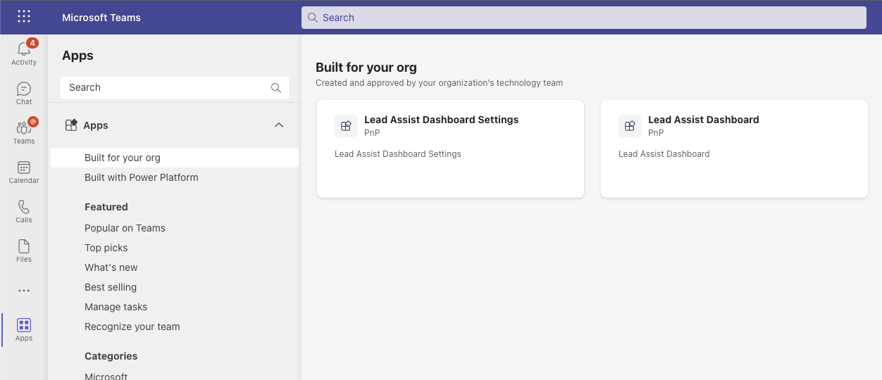 Painel assistente de liderança do Microsoft Teams – Equipes adicionam opções de aplicativo