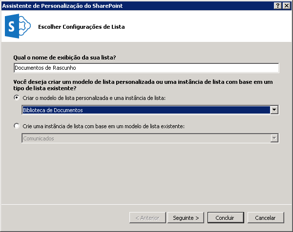 Create new document library wizard