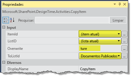 Configuring properties of the CopyItem activity