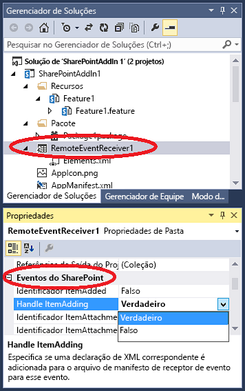 Eventos remotos do SharePoint no Visual Studio