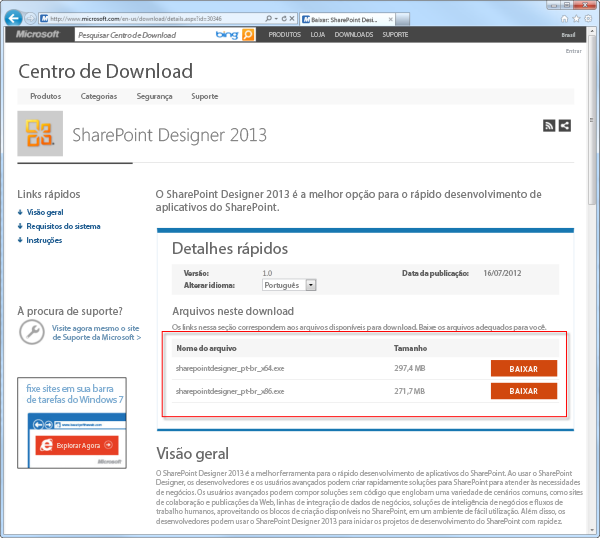 A página de Download do SharePoint Designer 2013.