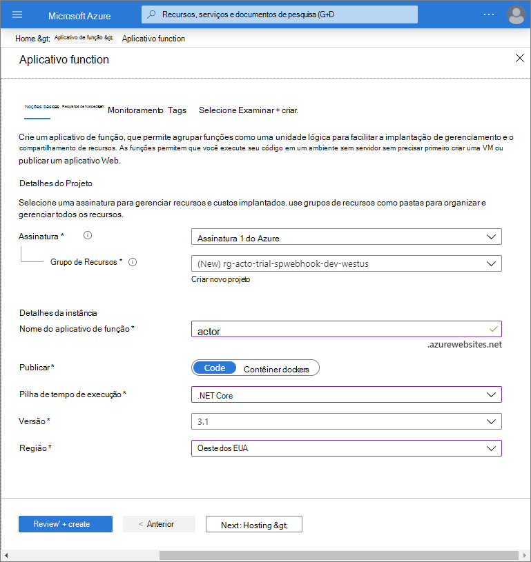 Preencha os detalhes do Aplicativo de Funções do Azure