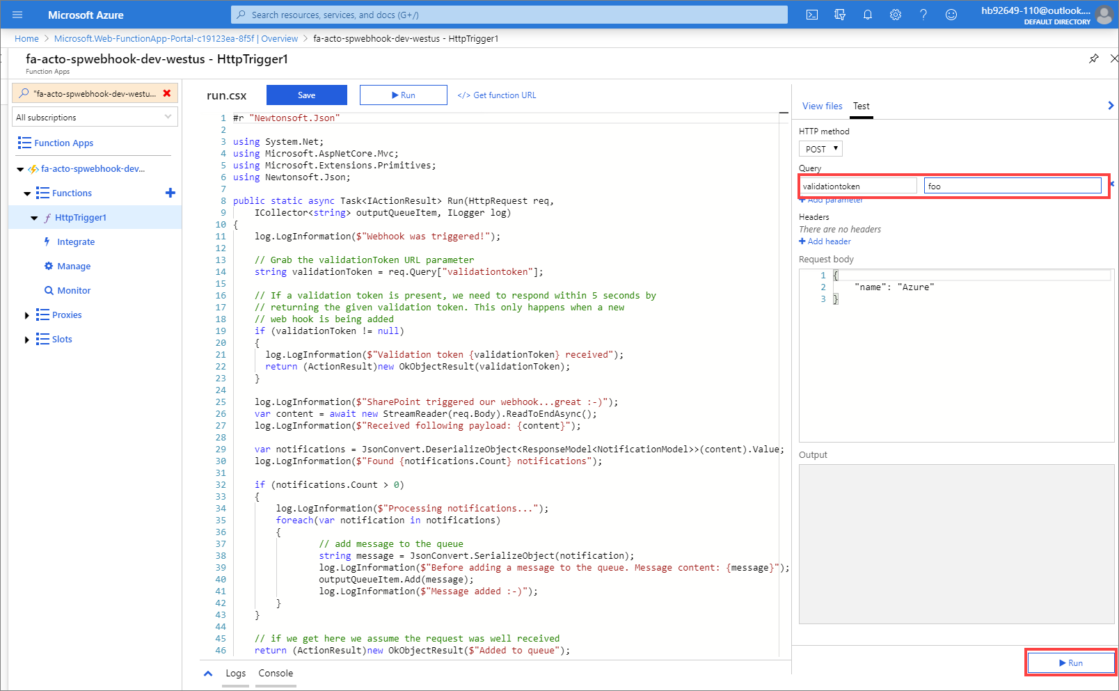 Configurar o teste validationToken da função do Azure