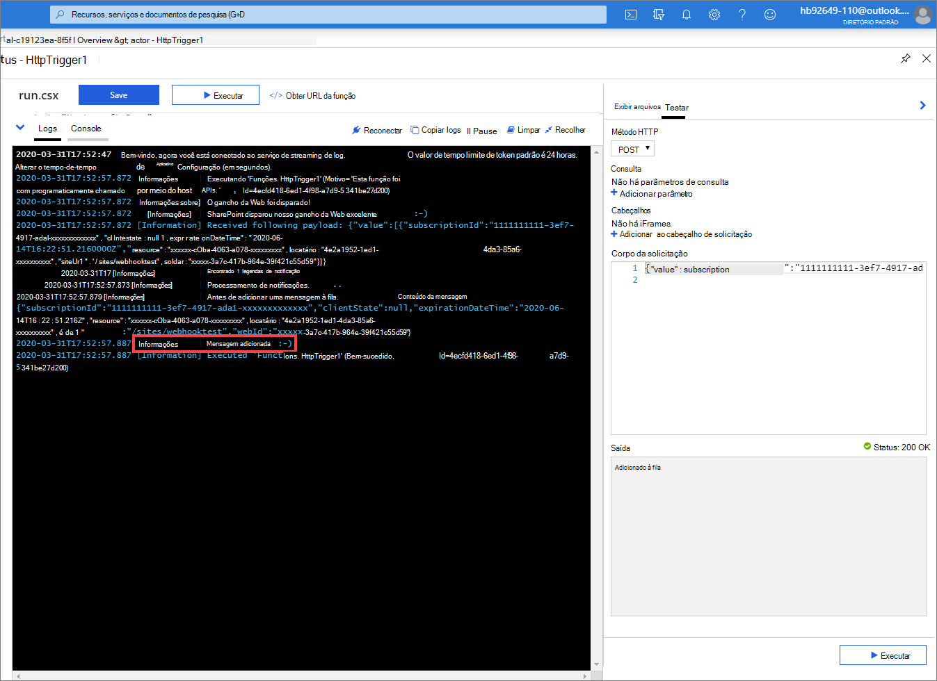 Notificação de webhook Resultados de Teste
