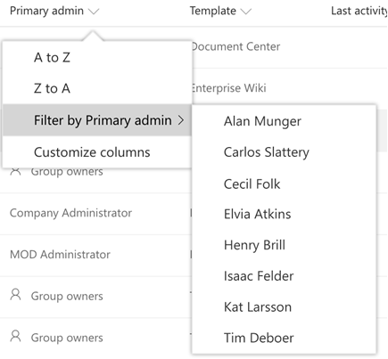 Opções de filtro para a coluna de administrador primário
