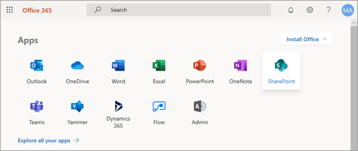 Página inicial do Microsoft 365 com o SharePoint selecionado