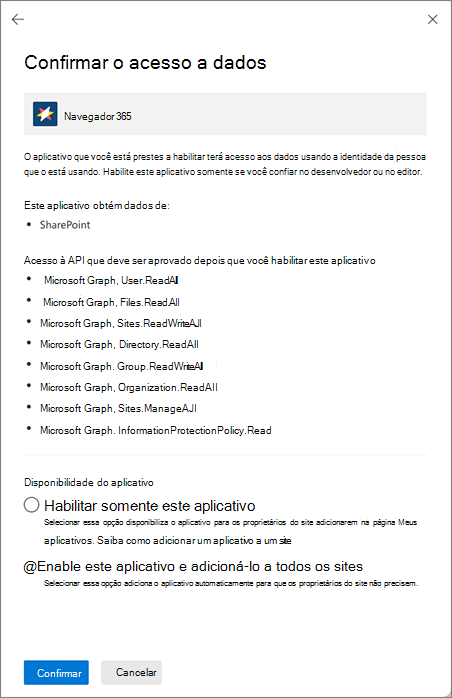 Captura de ecrã a mostrar a caixa de diálogo Confirmar acesso a dados.