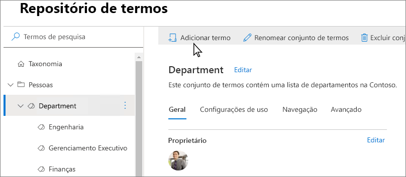 Captura de ecrã da página de arquivo de termos no centro de administração do SharePoint com a opção Adicionar termo realçada.