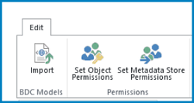 A faixa de opções Editar em Configurações de Conectividade Comercial, mostrando as configurações de importação e permissões do modelo BDC.