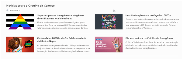 Imagem da Web Part de notícias com conteúdo pré-preenchido voltado para tópicos LGBTQ+.