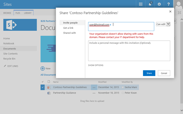 Captura de tela da mensagem de erro de compartilhamento ao compartilhar com o usuário bloqueado.