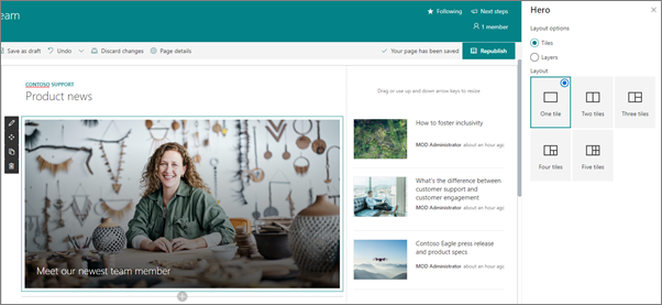 Imagem das Web Parts Hero e News em um site