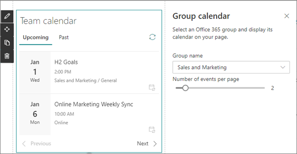 Imagem da Web Part calendário do grupo