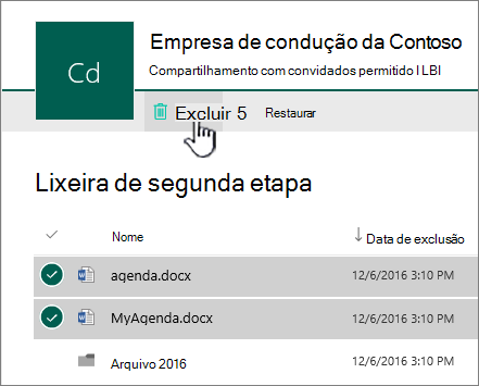 A captura de tela mostra a reciclagem de 2º nível do SharePoint Online com o botão excluir destacado.