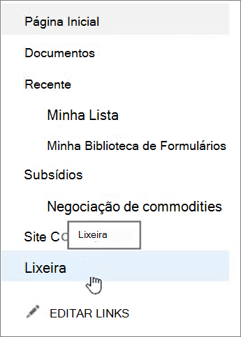 A captura de tela mostra a seleção da opção Lixeira na navegação à esquerda.