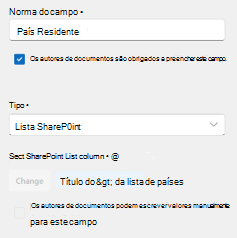 Captura de ecrã a mostrar o nome do campo e as opções de tipo.