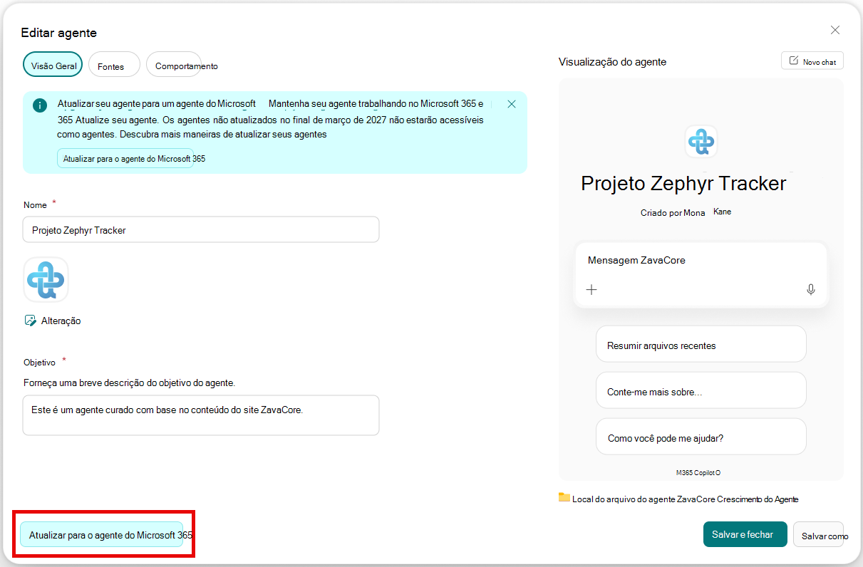 Captura de tela do SharePoint Builder mostrando a faixa de atualização e os botões 