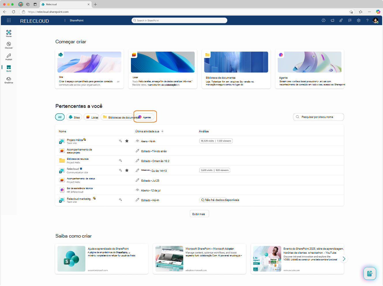 Captura de tela dos agentes que você possui mostrada em Compilar no SharePoint.