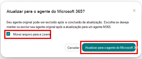 Captura de tela do SharePoint Builder mostrando a caixa de diálogo de confirmação de atualização com a opção Mover arquivo para lixeira selecionada.