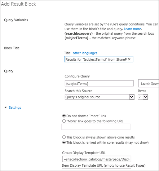 Captura de ecrã da caixa de diálogo Adicionar Bloco de Resultados no SharePoint Server 2013