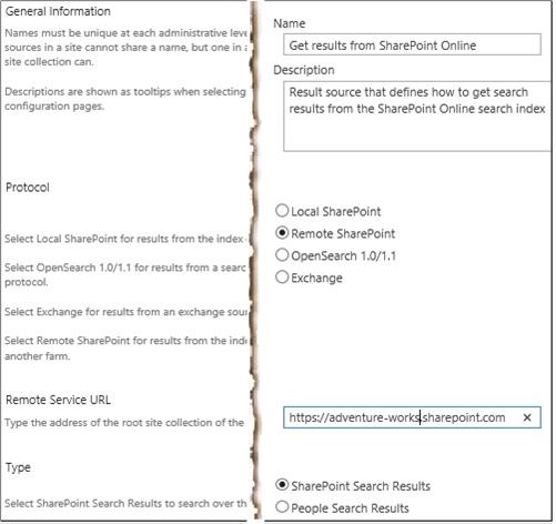 Primeiras quatro secções da página de origem de resultados para obter resultados do SharePoint no Microsoft 365