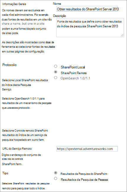 Primeiras quatro secções da página de origem de resultados para obter resultados de pesquisa híbrida do SharePoint Server 2013
