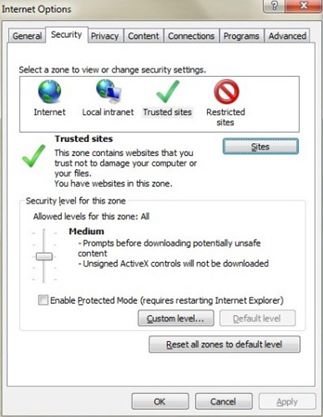 A captura de tela mostra as etapas para selecionar a opção Sites na guia Segurança.