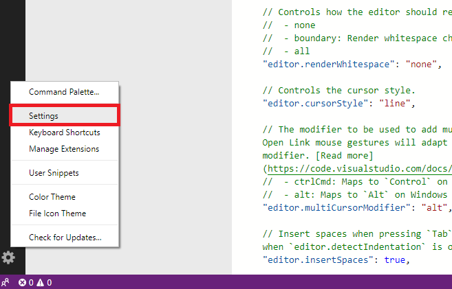 Captura de tela do ícone Gerenciar do Azure Data Studio e do comando Configurações.