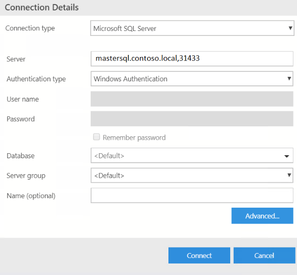 Caixa de diálogo Conectar-se ao SQL Server no Azure Data Studio