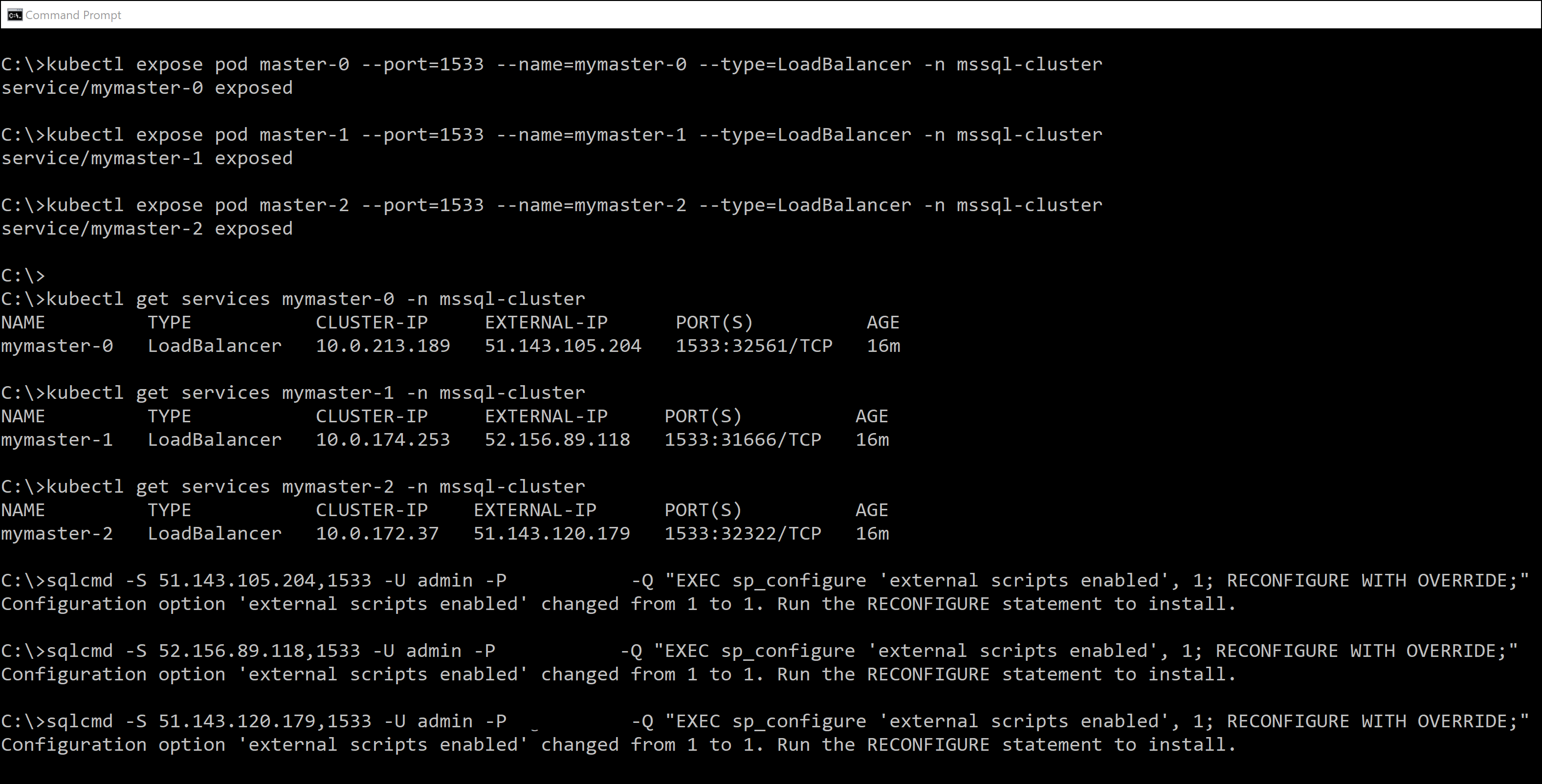Uma captura de tela do prompt de comando com uma demonstração das etapas necessárias para habilitar scripts externos.