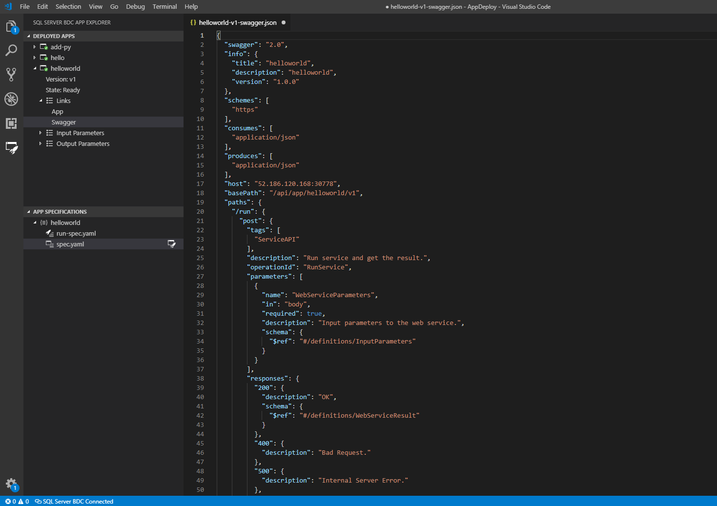 Uma captura de tela que mostra a interface do usuário do Visual Studio Code exibindo o arquivo swagger.json.