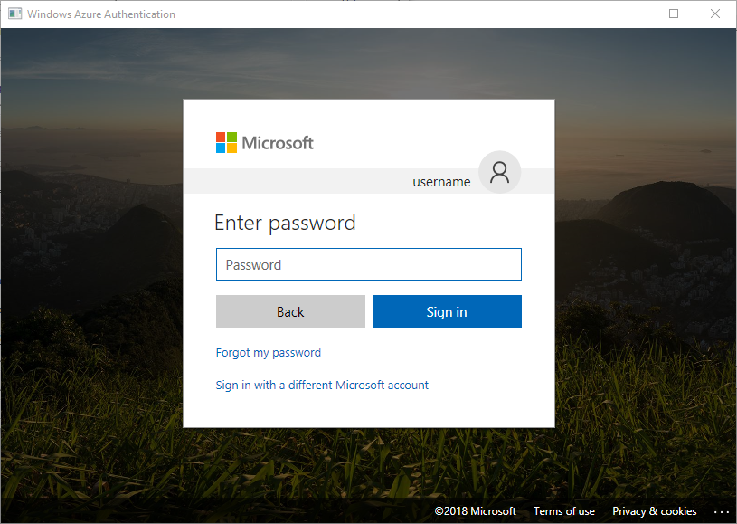IU de autenticação do Microsoft Azure ao usar a autenticação interativa do Active Directory.
