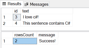 Captura de tela dos resultados do exemplo de C#.