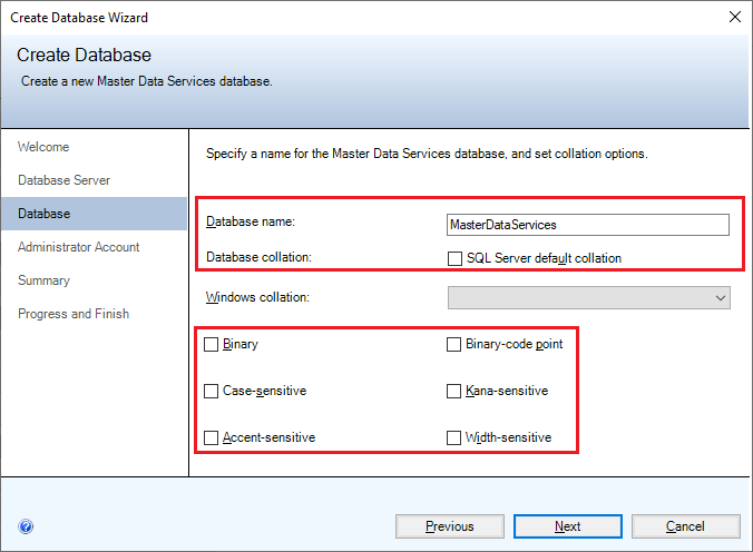 mds-SQLServer2019-Config-MI_CreatedDBName Captura de tela da página Banco de dados do Assistente para criação de banco de dados.
