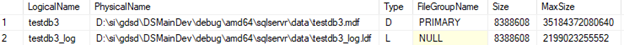 Captura de tela dos resultados da filtração da saída RESTORE FILELISTONLY para um banco de dados.