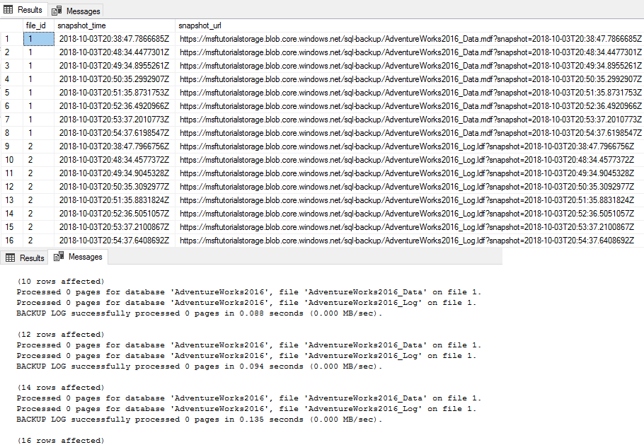 Uma captura de tela do SSMS mostrando o conjunto de resultados do histórico de instantâneos de backup.