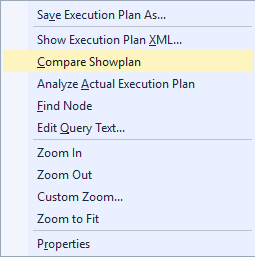 Captura de tela do botão direito do mouse em Comparar Plano de Execução.