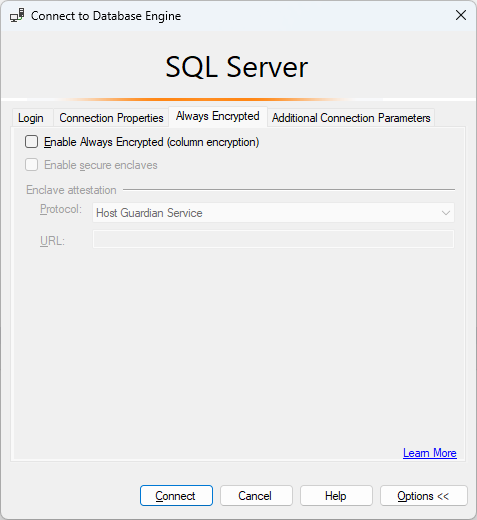 Captura de tela da opção de conexão SSMS para Always Encrypted desabilitada.